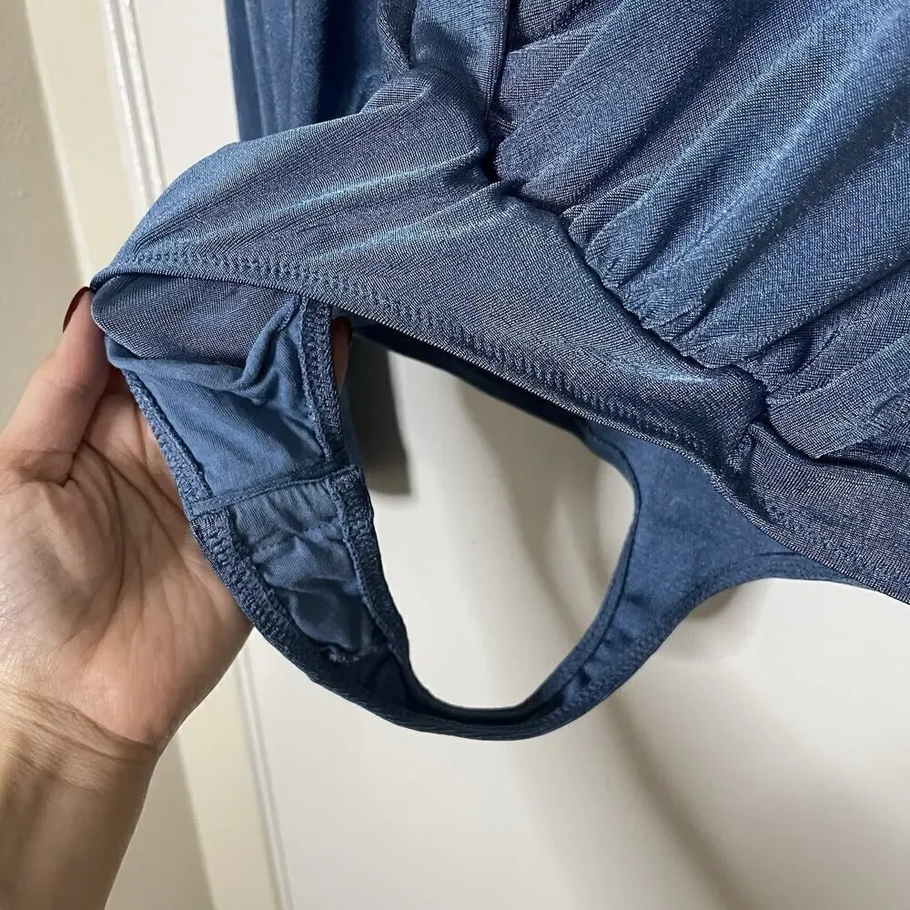 Free People intimately turnt sheen blue long sleeve plunge bodysuit Medium